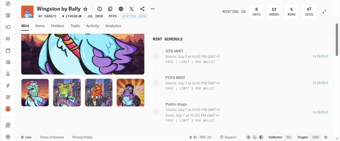 A minting page screenshot for the 'Wingston by Rally' NFT collection (Ethereum, Jul 2026, PFPs), showing a mint schedule with GTD Mint, FCFS Mint, and Public stage details and eligibility status.