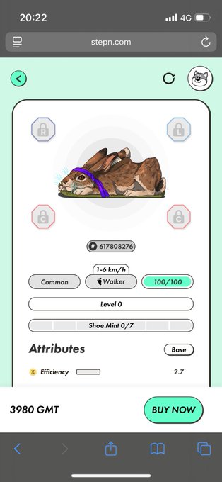 A screenshot from stepn.com shows a sneaker NFT listing with a "Walker" 1-6 km/h type, 100/100 condition, Level 0, priced at 3980 GMT with a "BUY NOW" button, humorously mislabeled by the caption as a "ランナー" (runner).