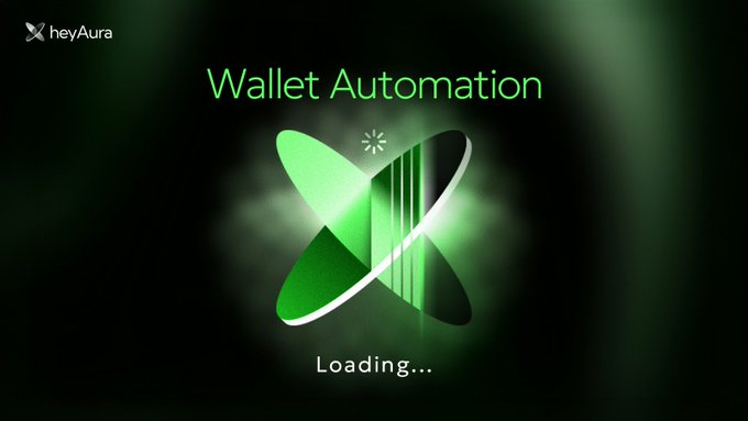 The image shows a logo with two green circles connected by an x symbol, which appears to be a representation of a wallet or cryptocurrency exchange. The background of the image is black, making the logo stand out prominently. Below the logo, there's text that reads "@heyaura", possibly indicating the name of the platform or service behind it. The post also mentions community governance and token holders participating in proposal discussions for features, integrations, and token utility. Additionally, recent votes have addressed aspects such as staking requirements and chain support for governance participation.