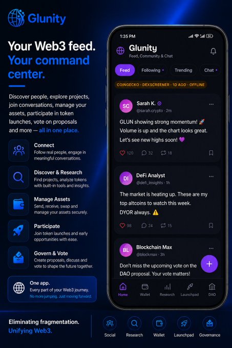 A promotional screenshot for an app called 'Glunity' with the tagline 'Your Web3 feed. Your command center.' and 'Unifying Web3.', showing a social feed interface on a smartphone.