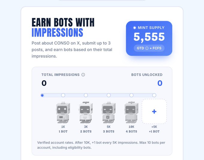 Promotional graphic titled 'EARN BOTS WITH IMPRESSIONS' for CONSO on X, showing a mint supply of 5,555 and a progression chart where bots are unlocked at impression milestones of 1K, 3K, 5K, and 10K.