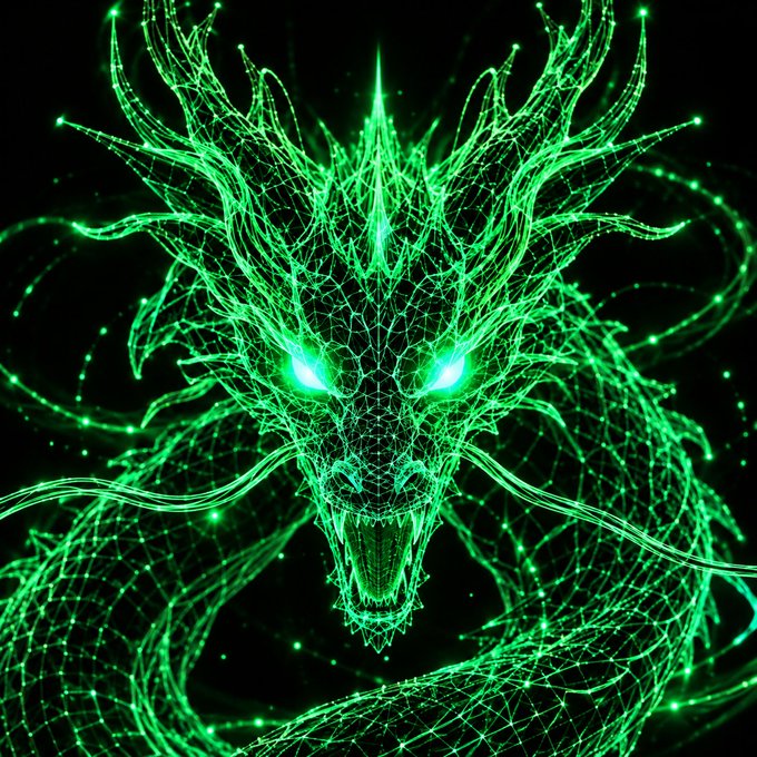 A digital illustration of a glowing green dragon with intricate line work and bright eyes against a black background.