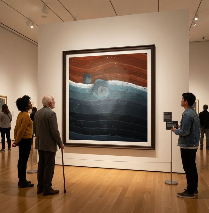 Visitors stand in an art gallery admiring a large framed abstract painting featuring rust-orange, teal, and dark blue horizontal bands with circular motifs.