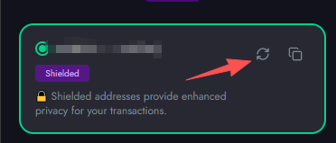 A cryptocurrency wallet interface showing a shielded address with a red arrow pointing to a refresh icon next to the address bar.