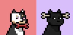A pixelated black and white dog, split between a red and lavender background, represents the "Doginal Dogs" from the accompanying post. The dual-toned backdrop and blocky aesthetic visually echo the meme-style, crypto-influenced text proclaiming their identity.