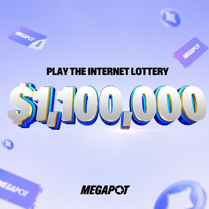 Promotional graphic with the text 'PLAY THE INTERNET LOTTERY' and a large '$1,100,000' prize amount, branded with the 'MEGAPOT' logo.
