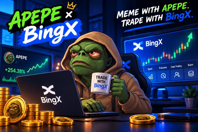 A promotional graphic featuring a Pepe the Frog character in a hoodie using a laptop displaying the BingX logo, with text 'APEPE x BingX', 'MEME WITH APEPE, TRADE WITH BingX', and showing APEPE up 254.38%.