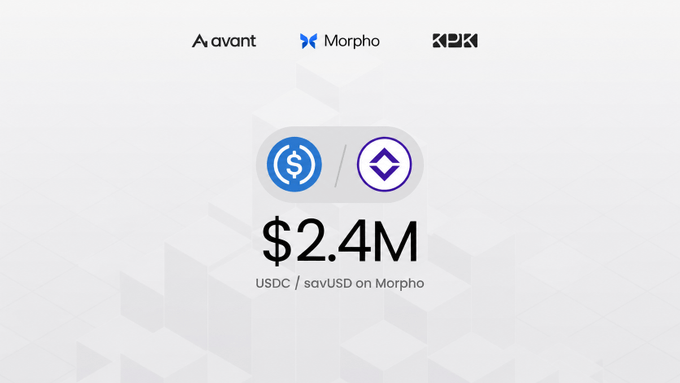 A graphic displays logos for Avant, Morpho, and K2K, with a central icon showing USDC converting to savUSD, accompanied by the text "$2.4M" and "USDC / savUSD on Morpho".