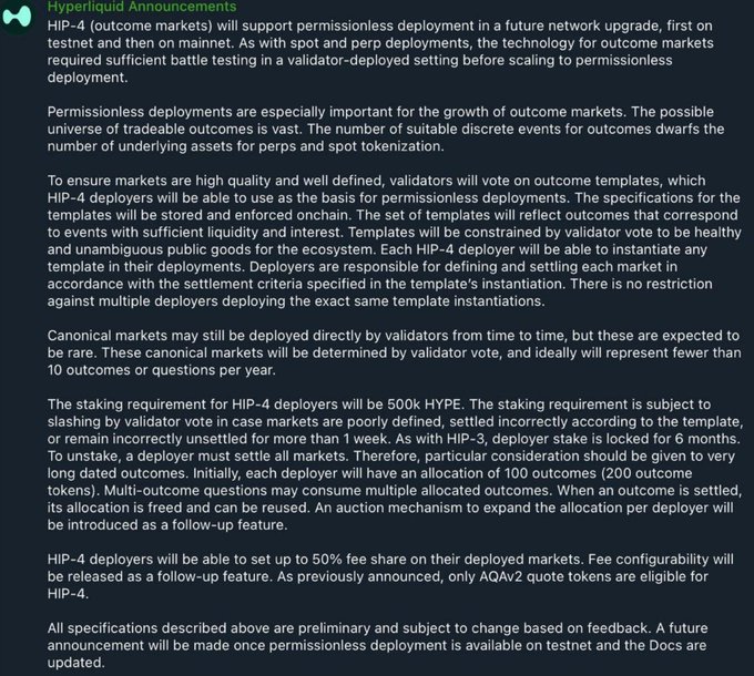A dark-themed announcement from Hyperliquid about 'HIP-4 (outcome markets)' detailing permissionless deployment plans, templating requirements, 500k HYPE staking requirement, and 50% fee share setup.