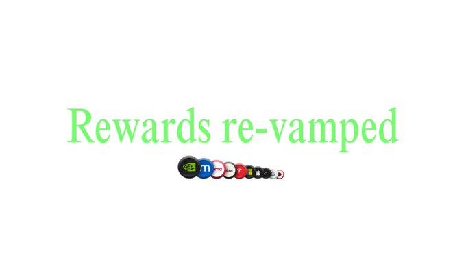 The image displays the text "Rewards re-vamped" in green font, accompanied by a row of circular cryptocurrency logos below it, visually announcing the upgrade to the reward system described in the accompanying post, which explains the migration from a manual "claim" method to an automated "push" system that sends rewards directly to holders' wallets pro-rata.