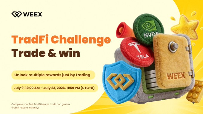 The image is a promotional banner for WEEX's "TradFi Challenge - Trade & Win" event, displaying the WEEX logo alongside 3D illustrations of trading tokens (NVDA, TSLA), a WEEX-branded safe, a shield, and a star, with event details noting the challenge runs from July 9, 12:00 AM to July 23, 2026, 11:59 PM (UTC+8) and offering an instant 5 USDT reward for completing a first TradFi futures trade.