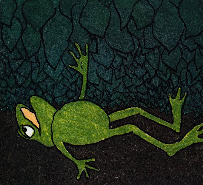 A stylized illustration of a green frog lying on its back against a dark, leafy background.