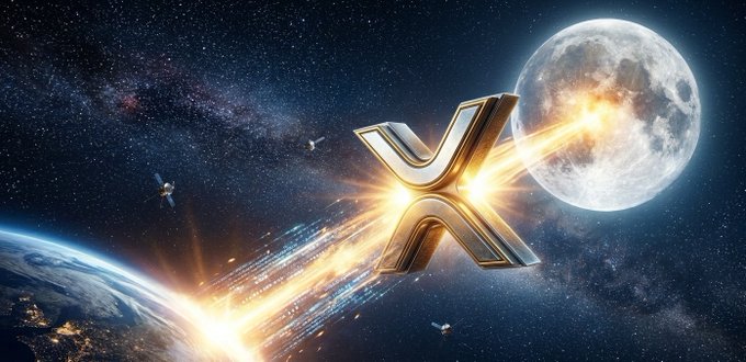 The image shows a close-up view of a logo featuring the letter "X" flying through space, next to a full moon backdrop with stars scattered around it. The caption below the image reads "BREAKING NEWS XRP TO $10 IN JULY?! The crypto market is melting down as massive speculation explodes: Analysts are predicting an absolute parabolic mega-pump sending XRP to $10 by this July!"