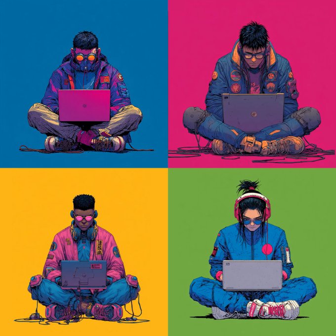 The image features four people sitting cross-legged while using their laptops. Each person has a different colored shirt - pink, blue, green, and yellow. The background of the image is divided into four sections, each with a unique color scheme (blue, purple, orange, and green). The post also includes some text that reads "Locked In" by @thecollectoreye, which might be related to the content being displayed on their laptops or the overall theme of the image.