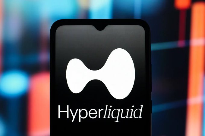 A smartphone displays the Hyperliquid logo on a black screen, set against a blurred background of blue and red light bars.