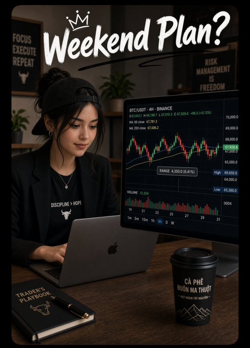 A promotional graphic titled 'Weekend Plan?' features a woman working on a MacBook with a BTC/USDT trading chart visible on the screen behind her.