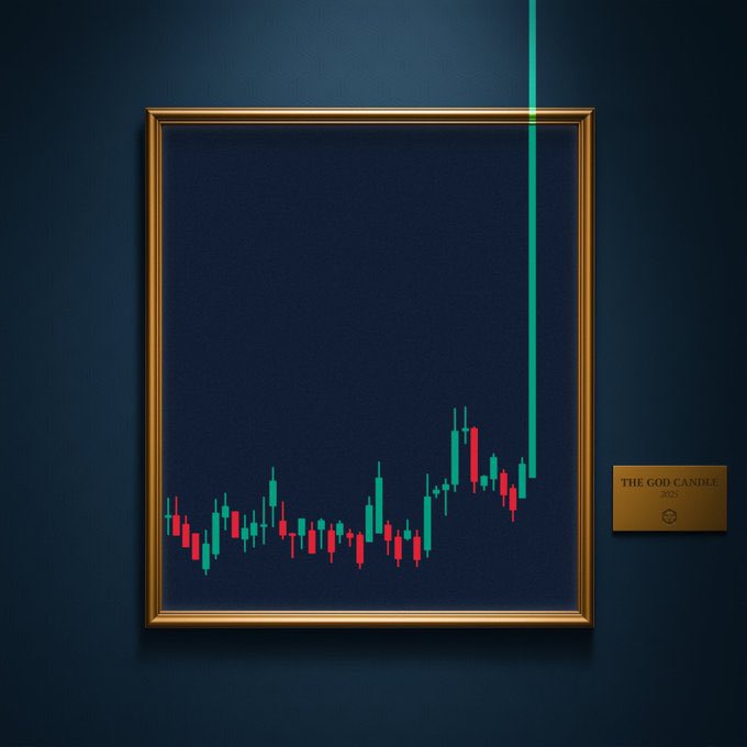 A framed display titled 'THE GOD CANDLE 2025' features a stylized stock candlestick chart that trends upward dramatically with a large green candle on a dark blue background.