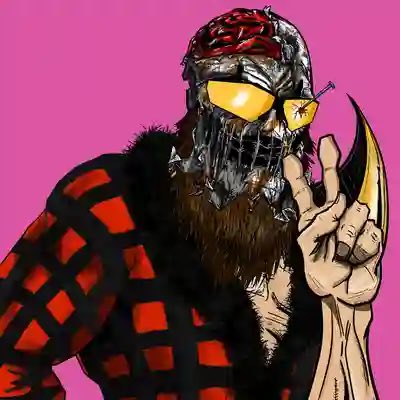 A stylized illustration of a bearded man wearing yellow-tinted sunglasses and a red plaid shirt, holding up his middle finger against a bright pink background.
