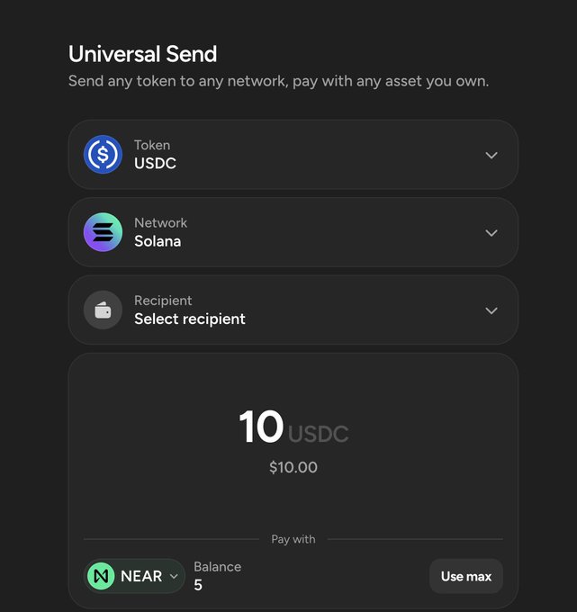 A mobile app screenshot of 'Universal Send' by Near, showing options to send USDC tokens on the Solana network, with a transaction amount of 10 USDC ($10.00) being paid with NEAR (balance of 5).