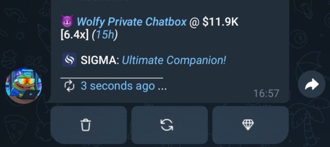 A Telegram message from SIGMA features a Wolfy Private Chatbox ad at $11.9K priced at 6.4x (15h), shared alongside a boast of a 6.4x return on $PORK while still holding the position.