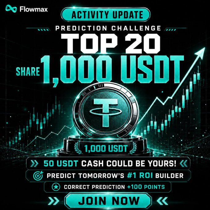 A promotional graphic for 'Flowmax' advertises a 'PREDICTION CHALLENGE' offering a 'SHARE 1,000 USDT' prize, featuring a large Tether coin and a 'JOIN NOW' button.