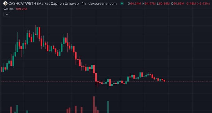 A 4-hour candlestick chart from dexscreener.com displays the market cap of $CASHCAT/WETH on Uniswap, currently priced at $64.34M with a 24-hour volume of $189.25K, down 3.49% (-5.43%). The chart shows a sharp rally followed by a pullback and sideways consolidation near lows, visually contrasting with the post's optimistic question about whether $CASHCAT can reach a new all-time high from current levels.