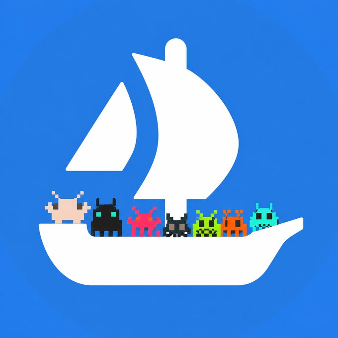 A pixel-art sailboat against a blue circular background carries seven colorful NFT characters—including alien-like creatures in pink, green, orange, and cyan—across its deck, symbolizing the upcoming launch of the "Robimons" NFT collection that will mint fully on-chain and trade on OpenSea.