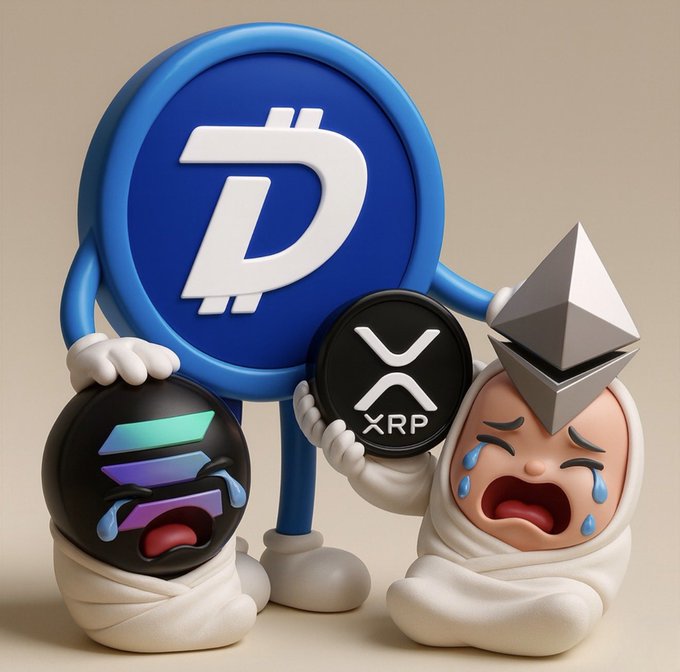 A 3D rendered illustration of a large blue DigiByte (DGB) coin character holding two smaller, wrapped coin characters representing Solana (SOL) and XRP, both of which are crying.