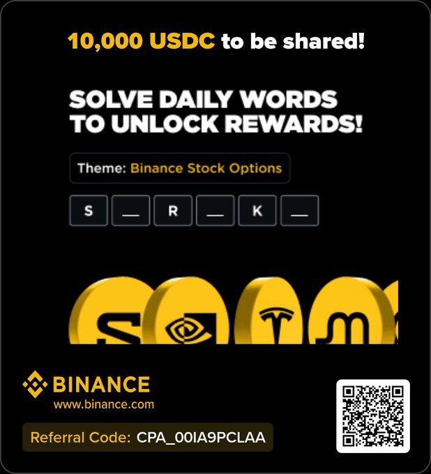 A Binance promotional graphic advertising '10,000 USDC to be shared' for solving daily words with the theme 'Binance Stock Options,' showing the letters S_R_K_ and stock logos (Square, NVIDIA, Tesla, Meta), with referral code CPA_001A9PCLAA.