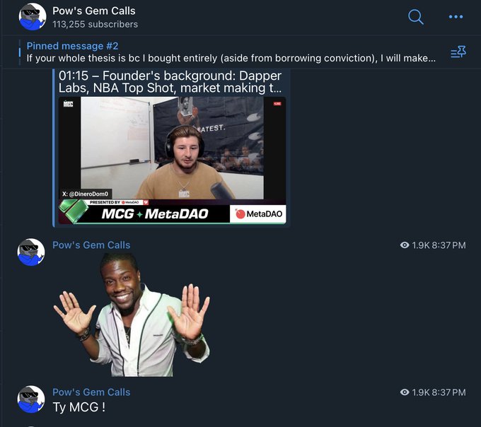 A Telegram channel screenshot for 'Pow's Gem Calls' (113,255 subscribers) featuring a YouTube video titled '01:15 – Founder's background: Dapper Labs, NBA Top Shot, market making...' and a posted image of a smiling man with raised hands.