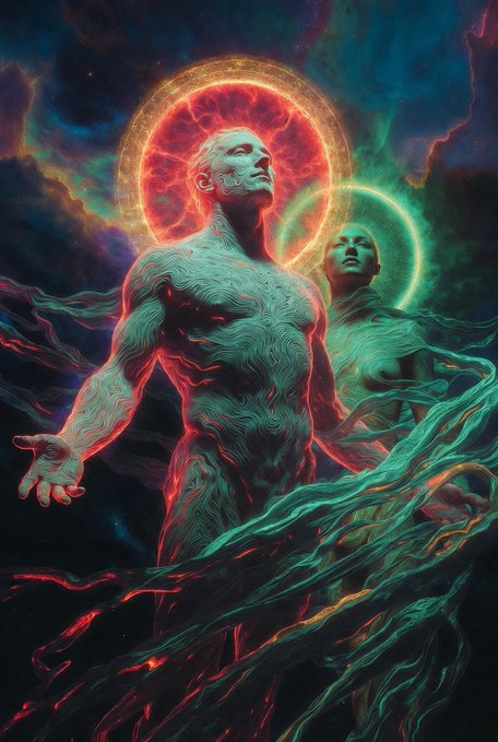A digital fantasy artwork depicting two humanoid figures with glowing green and red auras standing together amidst swirling ethereal energy.