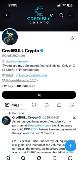 The X (Twitter) profile for CrediBULL Crypto (@CredibleCrypto) shows 3,111 followers and a pinned tweet about a YouTube partnership with Massdotmoney distributing 70,000 SCRV tokens.