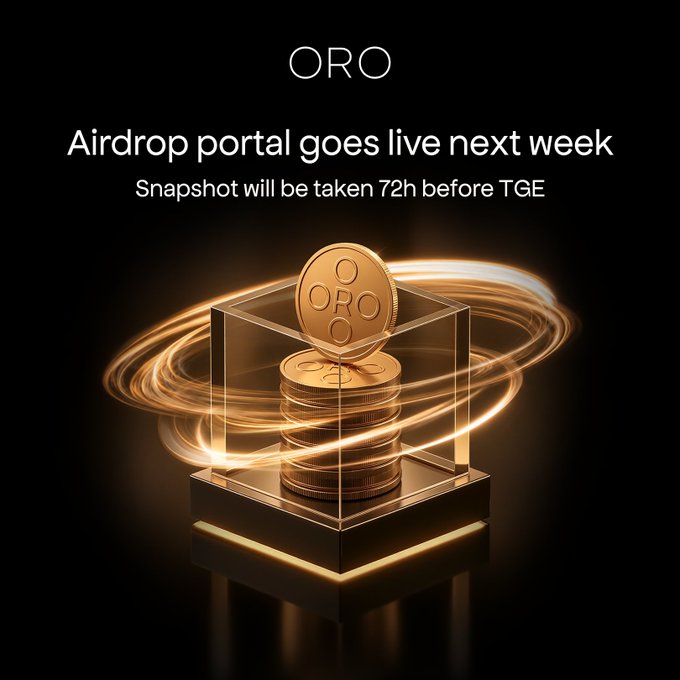 A sleek promotional graphic for the "ORO" airdrop features stacked gold coins inside a glass display case with glowing orbital rings, set against a black background, with text announcing "Airdrop portal goes live next week" and "Snapshot will be taken 72h before TGE." The image visually reinforces the post's message about the upcoming ORO airdrop, emphasizing the importance of accumulating points before the snapshot is taken prior to the Token Generation Event.