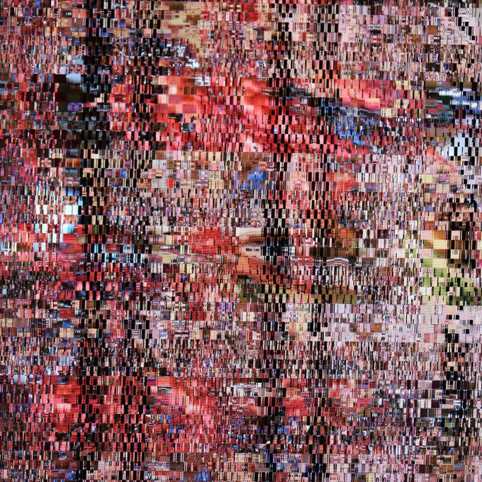 The image is an abstract piece that appears to be a mix of colors, particularly black, red, and brown shades. The art style is reminiscent of a digital painting or a digital photo manipulation, as evidenced by the presence of different textures and shapes throughout the artwork. The post's content indicates it is related to the glitch art community, with references to various artists or projects associated with this subculture. Additionally, there are mentions of other art-related topics like postmodernism, contemporary art, or digital photography techniques.