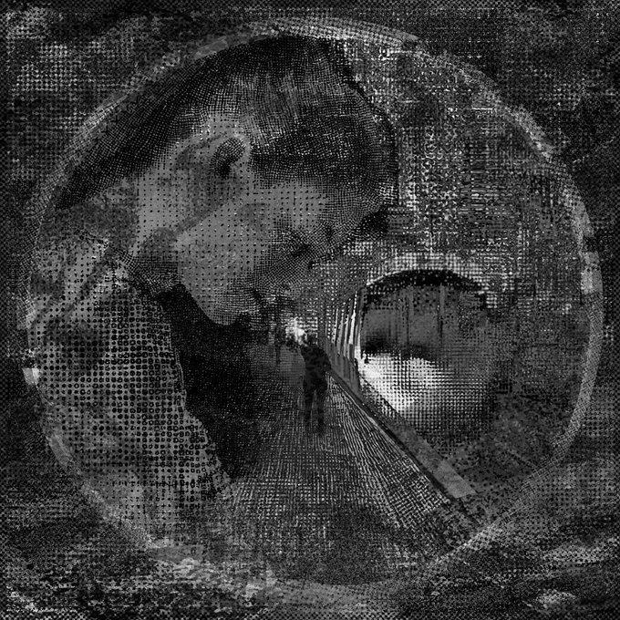 A black and white, heavily textured or halftone image showing a person's face merged with a tunnel or corridor scene featuring a silhouetted figure.