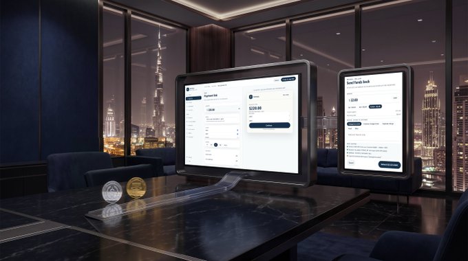 A digital display showing a bank payment screen on a monitor in a luxurious office with a city skyline visible through large windows at night.