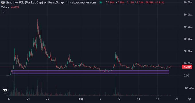 A candlestick chart of the $JIMOTHY/SOL token on PumpSwap shows a price history of roughly one month (mid-July through August 21), with a brief mid-July spike toward ~30M and a more recent peak around $7.24M, followed by consolidation. The context suggests this reflects how the token rallied about 331% after Elon Musk's raccoon video on Aug. 8 before retracing while still holding above the previous ~$3–4M floor.