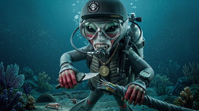 Stylized 3D render of a monstrous scuba diver with sharp teeth, gold chains, and a diving mask, posed underwater holding a knife amid coral reef.