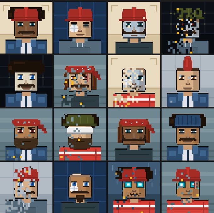 A 4x4 grid of 16 pixel-art character portraits with varied hairstyles, hats, and facial features, representing the diverse cast of "2800 faces" referenced in the post encouraging viewers to apply.