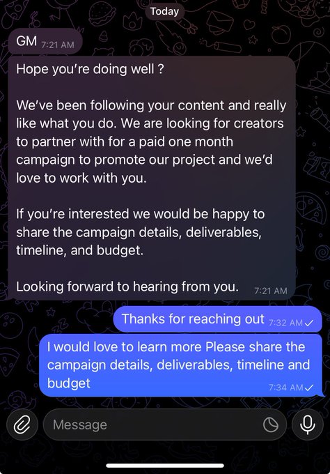Text message exchange where a brand proposes a paid one-month creator campaign, and the recipient responds asking for details, deliverables, timeline, and budget.