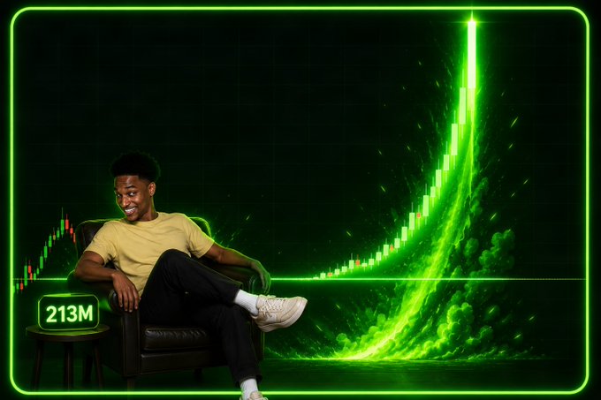 A young man in a yellow shirt sits relaxed in a chair with a satisfied smile, watching a dramatic green cryptocurrency chart rocket upward against a dark background, with "213M" displayed on a small table beside him. The image visually reinforces the post's message about patient holders of the $ANSEM memecoin being rewarded as the chart's explosive growth illustrates the massive gains ("213M") awaiting those who learn to hold.