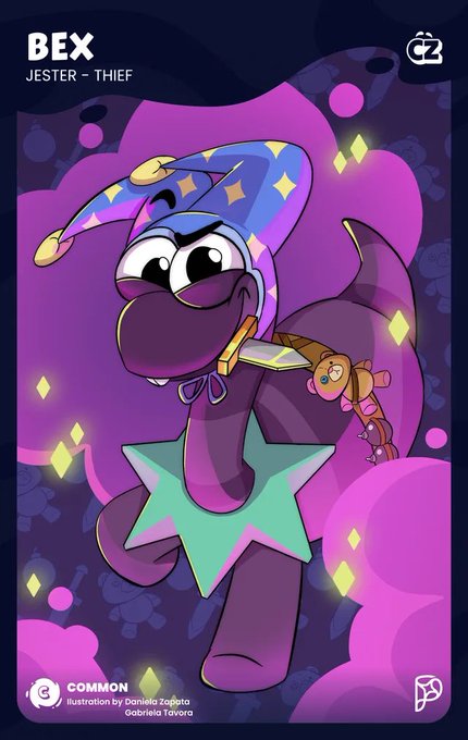 A trading card or illustration labeled 'BEX - JESTER - THIEF' featuring a purple dragon-like character wearing a wizard hat and star necklace, marked 'COMMON' with illustration credits to Daniela Zaplata and Gabriela Távora.