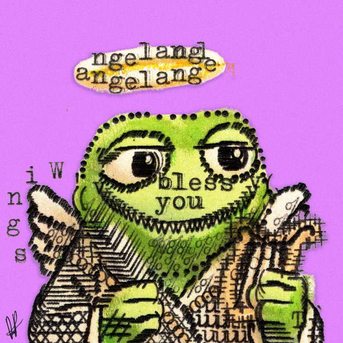 A mixed-media collage features a green cartoon frog on a purple background, with a speech bubble reading "ngelangi angelangie" above it and the words "wings," "bless you," and "i w" scattered across the composition, complementing the post's note about how something "works the opposite way too."