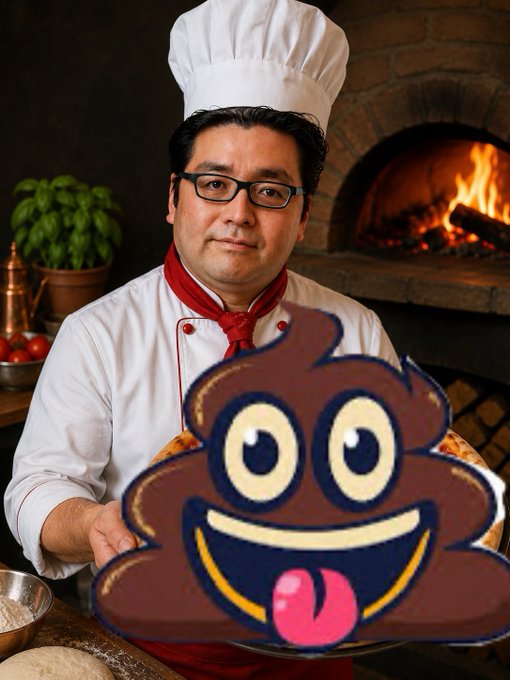 A chef in a white toque proudly displays a chocolate cake shaped like the smiling poop emoji. The image humorously ties to the post about Tom Lee's $42M ETH purchase, with the "shit" cake serving as a visual pun suggesting he may have "eaten shit" with his bullish bet.