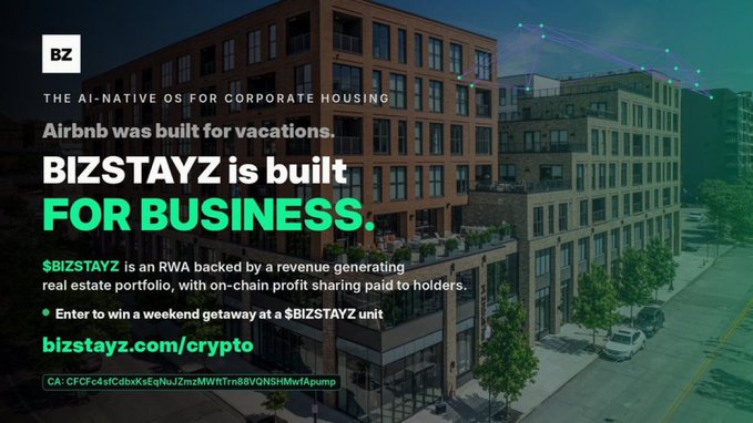 A promotional graphic for $BIZSTAYZ featuring a backdrop of a modern apartment building, with bold text declaring "THE AI-NATIVE OS FOR CORPORATE HOUSING" and "Airbnb was built for vacations. BIZSTAYZ is built FOR BUSINESS," along with a contest entry link (bizstayz.com/crypto) and the contract address (CFCFc4sfCdbxKsEqNuJzmzMWRTm88VQNSHMwfApump), reinforcing the post's message about the project building real-world AI utility in the corporate housing industry.