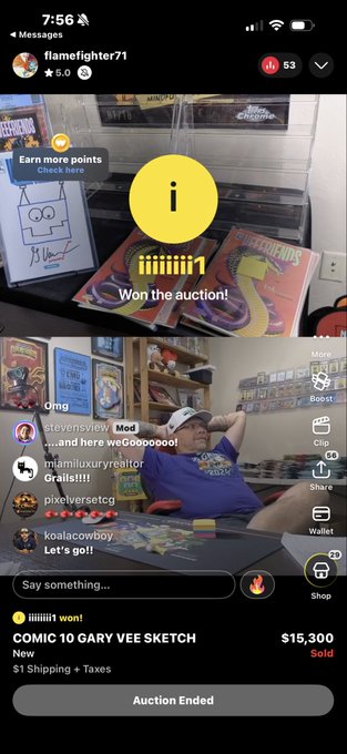 A live auction screenshot shows a Gary Vee sketch sold for $15,300 to user "flamefighter71," with a pop-up reading "iiiiiiii1 Won the auction!" displayed over a room filled with comic book memorabilia and VeeFriends collectibles.