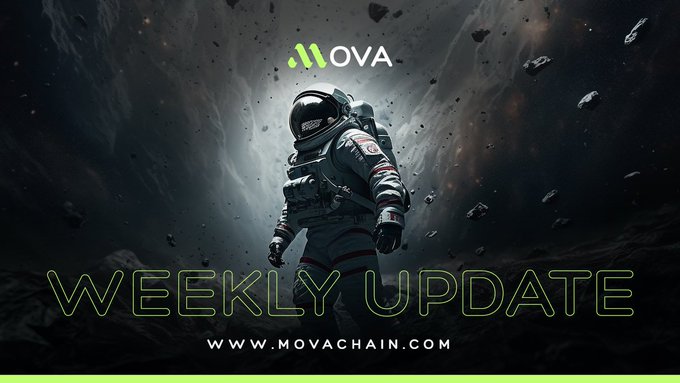 An astronaut in a space suit floats amidst asteroids against a cosmic backdrop, with the MOVA logo at the top and "WEEKLY UPDATE" text displayed prominently, alongside the website "WWW.MOVACHAIN.COM," reinforcing the post's focus on Mova's weekly ecosystem and community-driven initiatives.