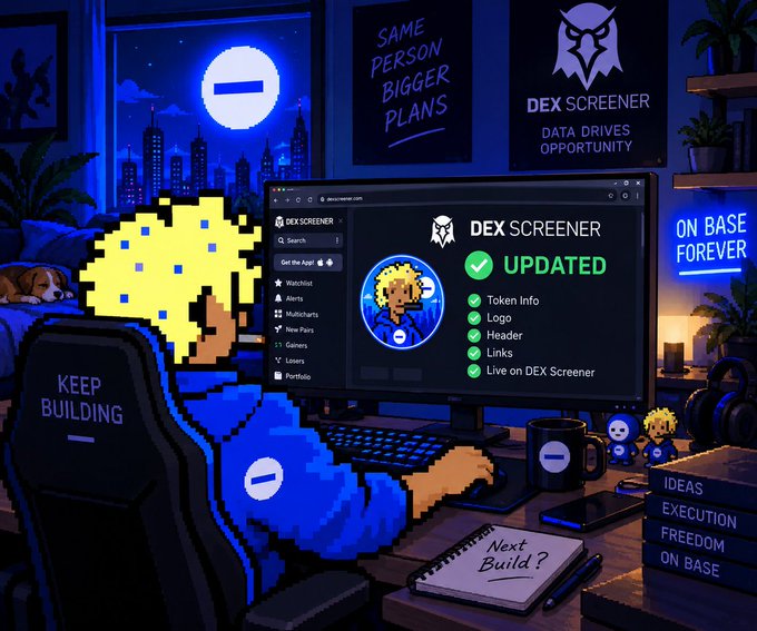 A pixel art illustration depicts a blonde character working at a computer setup, with the screen displaying 'DEX SCREENER' and 'UPDATED', alongside wall posters reading 'SAME PERSON BIGGER PLANS' and 'DATA DRIVES OPPORTUNITY'.