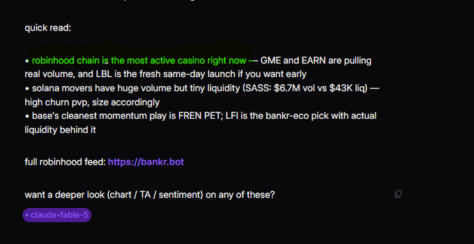 A screenshot of a chat message from @bankrbot providing a quick read on trading activity, highlighting the Robinhood chain as the most active with GME, EARN, and LBL leading volume, while noting Solana movers like SASS have $6.7M volume against just $43K liquidity, and flagging FREN PET and LFI as the cleanest momentum plays, with a link to the full Robinhood feed at https://bankr.bot.