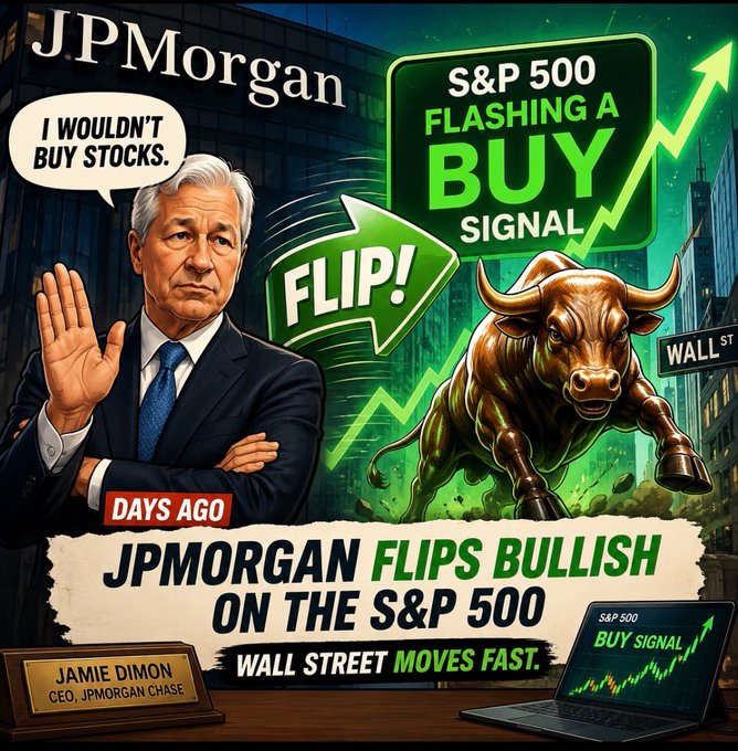 The image is a stylized graphic featuring JPMorgan CEO Jamie Dimon holding up his hand with a speech bubble reading "I WOULDN'T BUY STOCKS," alongside a charging bull, a green "FLIP!" arrow, and bold text declaring "S&P 500 FLASHING A BUY SIGNAL" and "JPMORGAN FLIPS BULLISH ON THE S&P 500." The visuals directly illustrate the post's narrative of JPMorgan's rapid reversal from Dimon's prior caution to a bullish stance on the S&P 500.